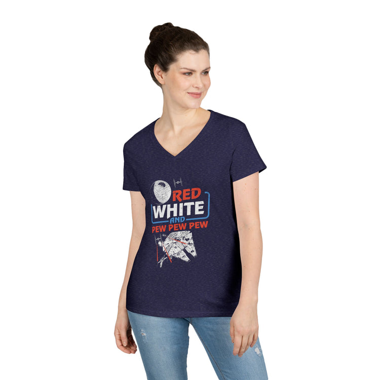 Red White Pew Pew Pew V-Neck Tee - Fandom-Made