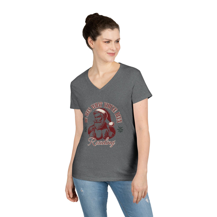 He Sees What You've Been Reading Ladies' V-Neck Tee
