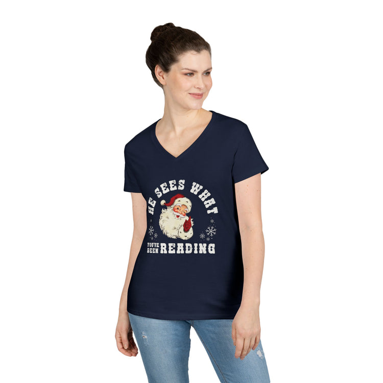 He Sees What You've Been Reading Ladies' V-Neck Tee