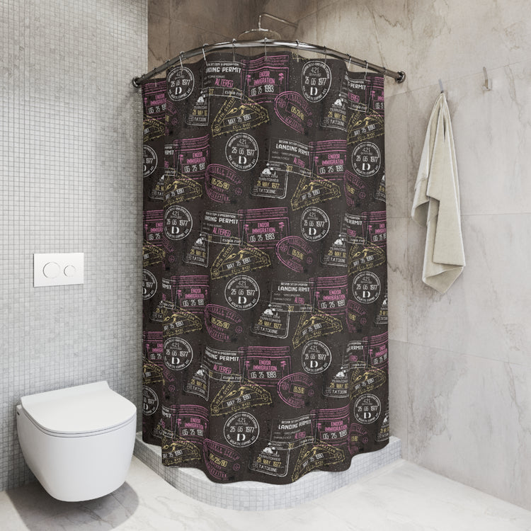 Galaxy Passport Stamps Shower Curtain - Fandom-Made