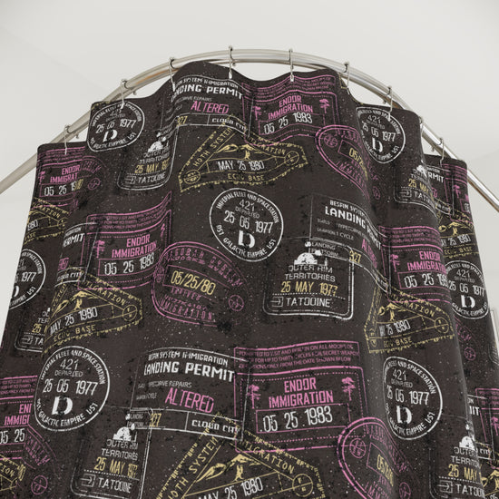 Galaxy Passport Stamps Shower Curtain - Fandom-Made