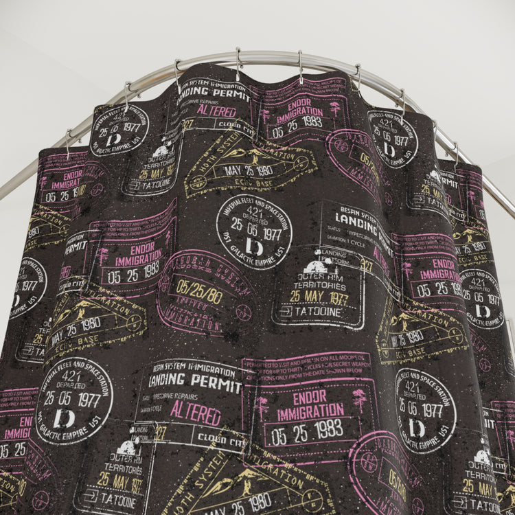 Galaxy Passport Stamps Shower Curtain - Fandom-Made