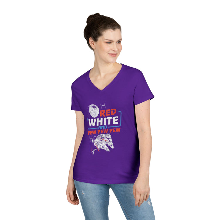 Red White Pew Pew Pew V-Neck Tee - Fandom-Made
