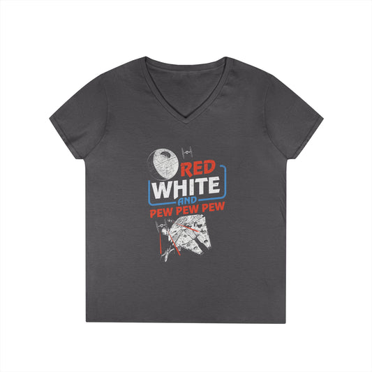 Red White Pew Pew Pew V-Neck Tee - Fandom-Made