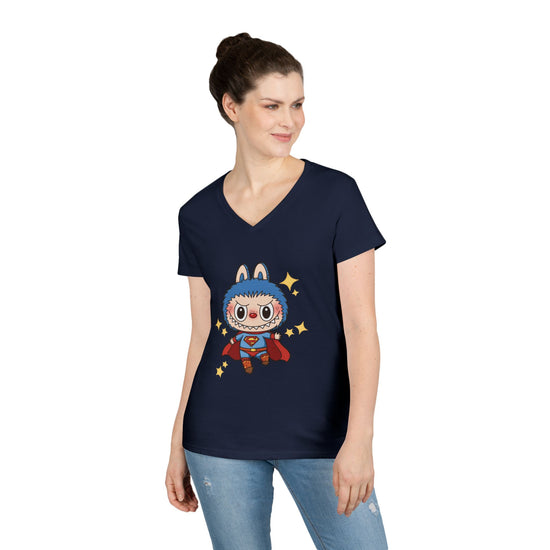 Woman wearing a navy blue t-shirt with a cartoon character design on a white background