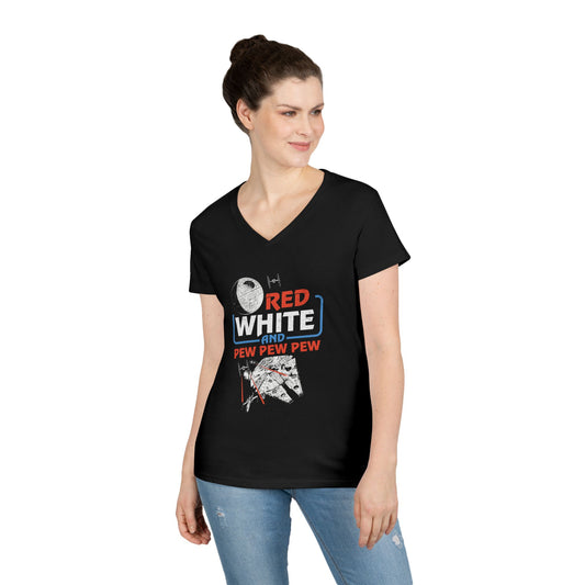 Red White Pew Pew Pew V-Neck Tee - Fandom-Made