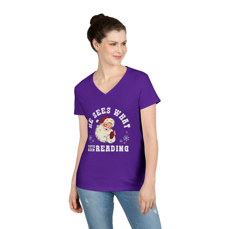 He Sees What You've Been Reading Ladies' V-Neck Tee