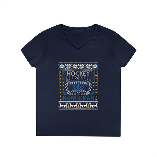 Hockey Hanukkah Ugly Sweater Ladies' V-Neck Tee