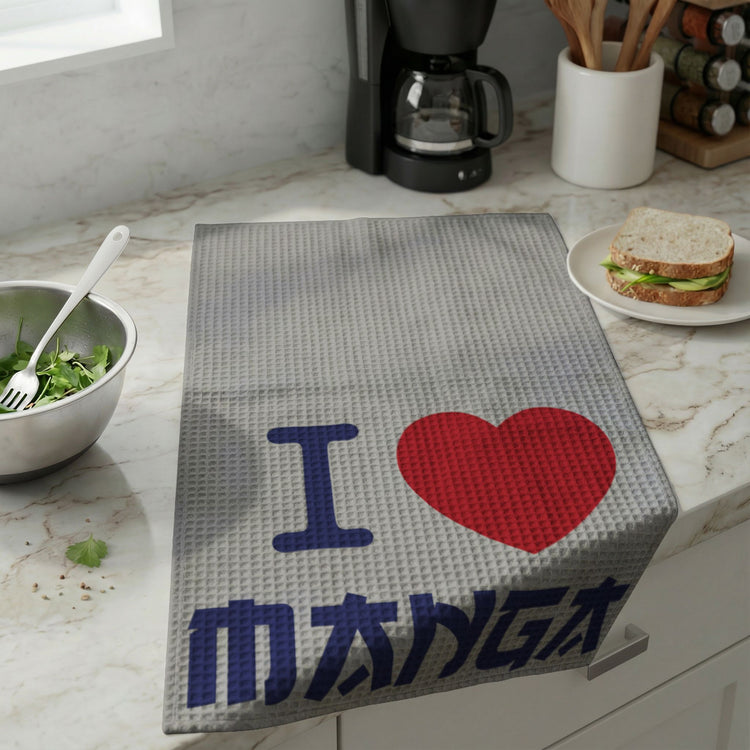 I Love Manga Waffle Weave Kitchen Towel
