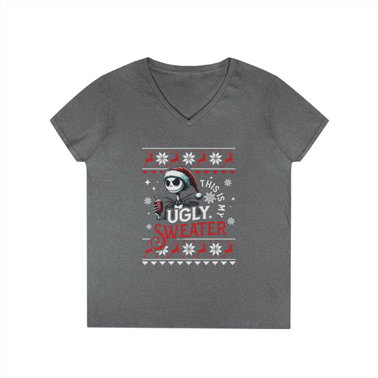 Skellington's Ugly Christmas Ladies' V-Neck Tee
