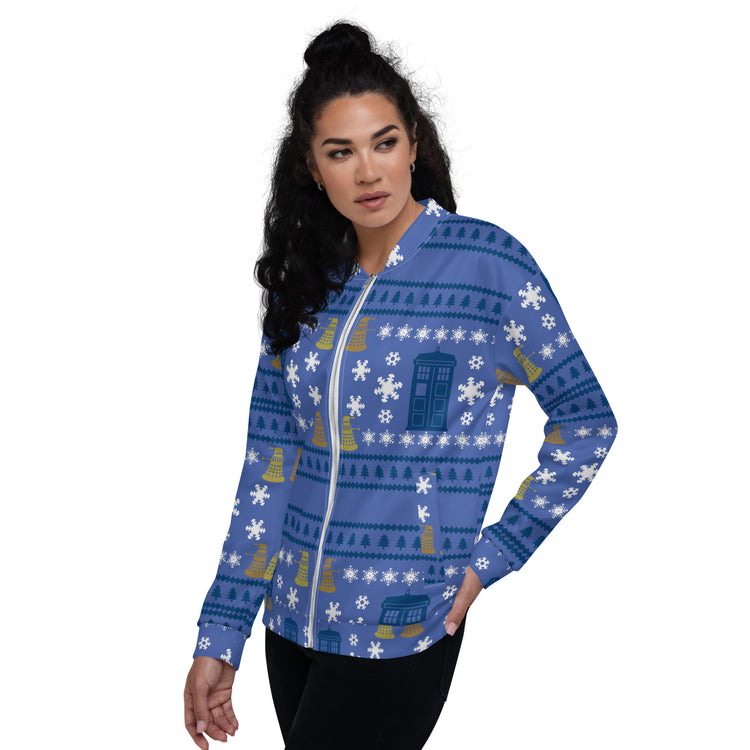 Doctor Who Ugly Christmas Sweater Bomber Jacket - Fandom-Made