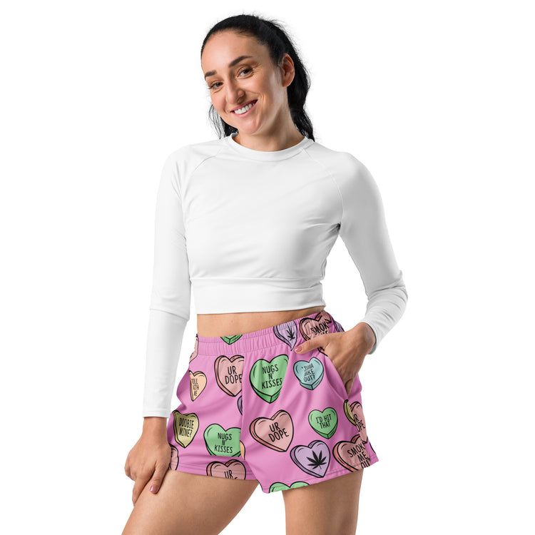 Stoner Conversation Hearts Women’s Recycled Athletic Shorts - Fandom-Made